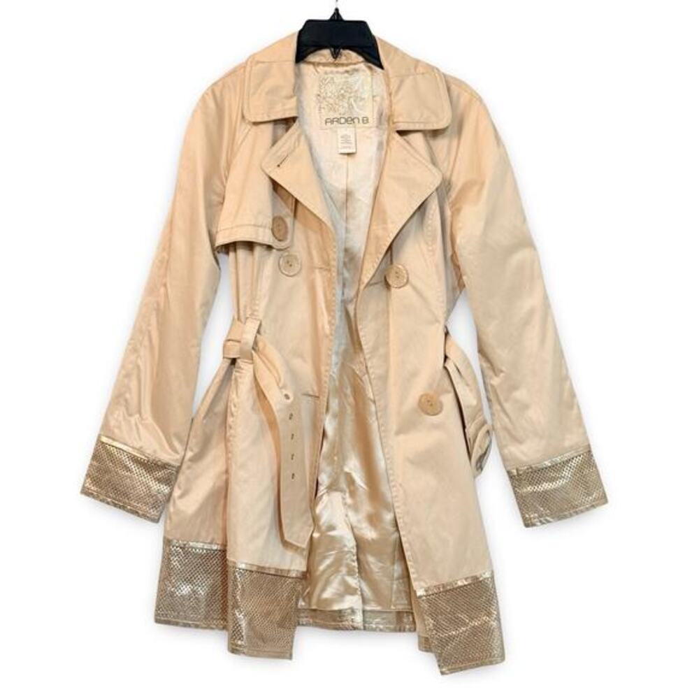 Arden B Trench Coat Womens S Beige Gold‎ Metallic Trim Belted Chic Glamour